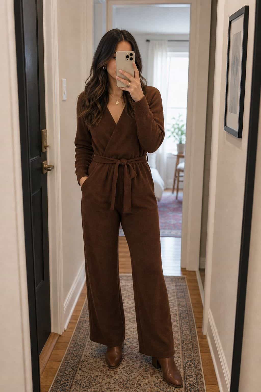 Wear a One-and-Done Jumpsuit small apartment idea for Top 17 Thanksgiving Outfit Ideas for Women That Mix Cozy and Chic.