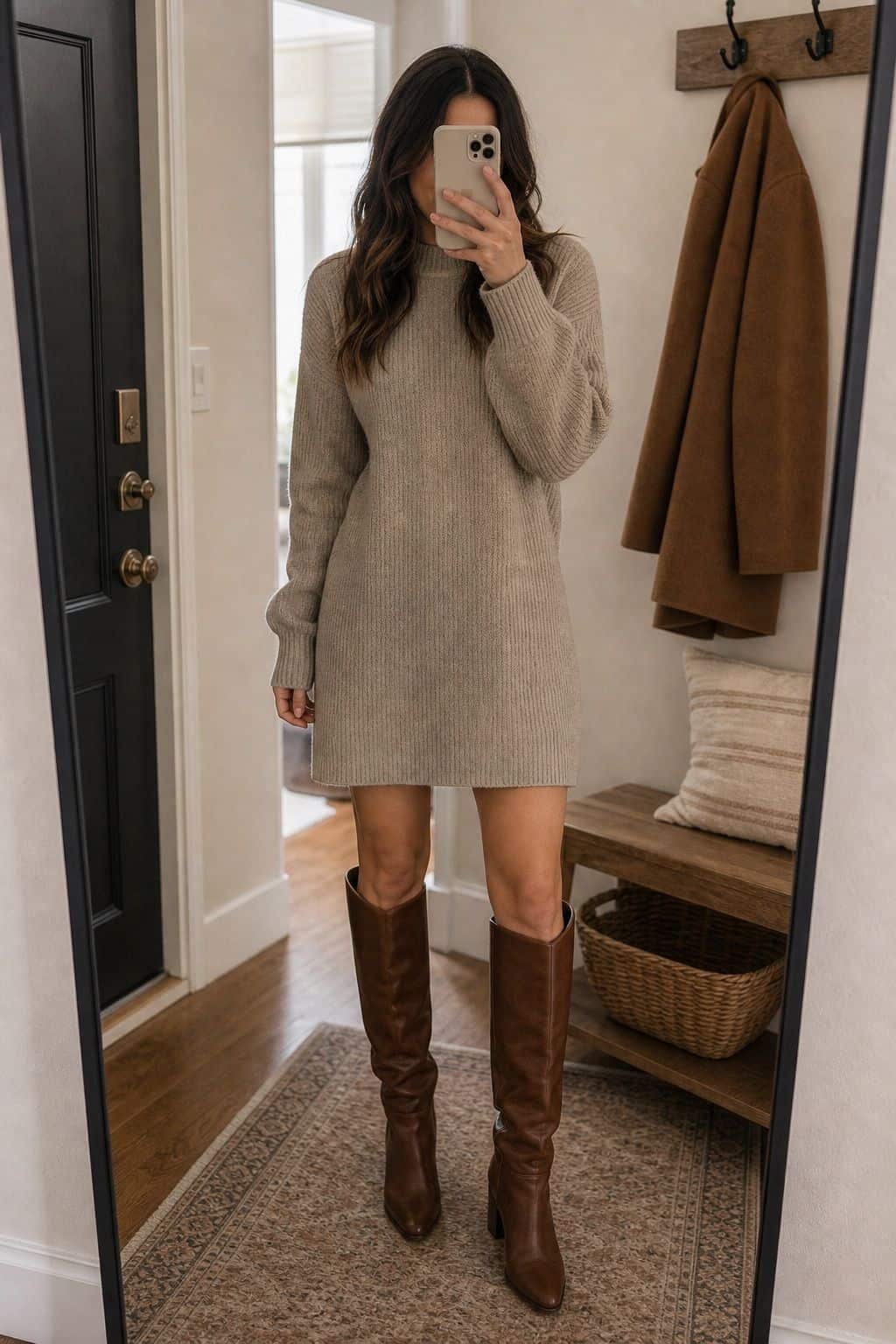 Add Knee-High Boots to Finish the Look small apartment idea for Top 17 Thanksgiving Outfit Ideas for Women That Mix Cozy and Chic.