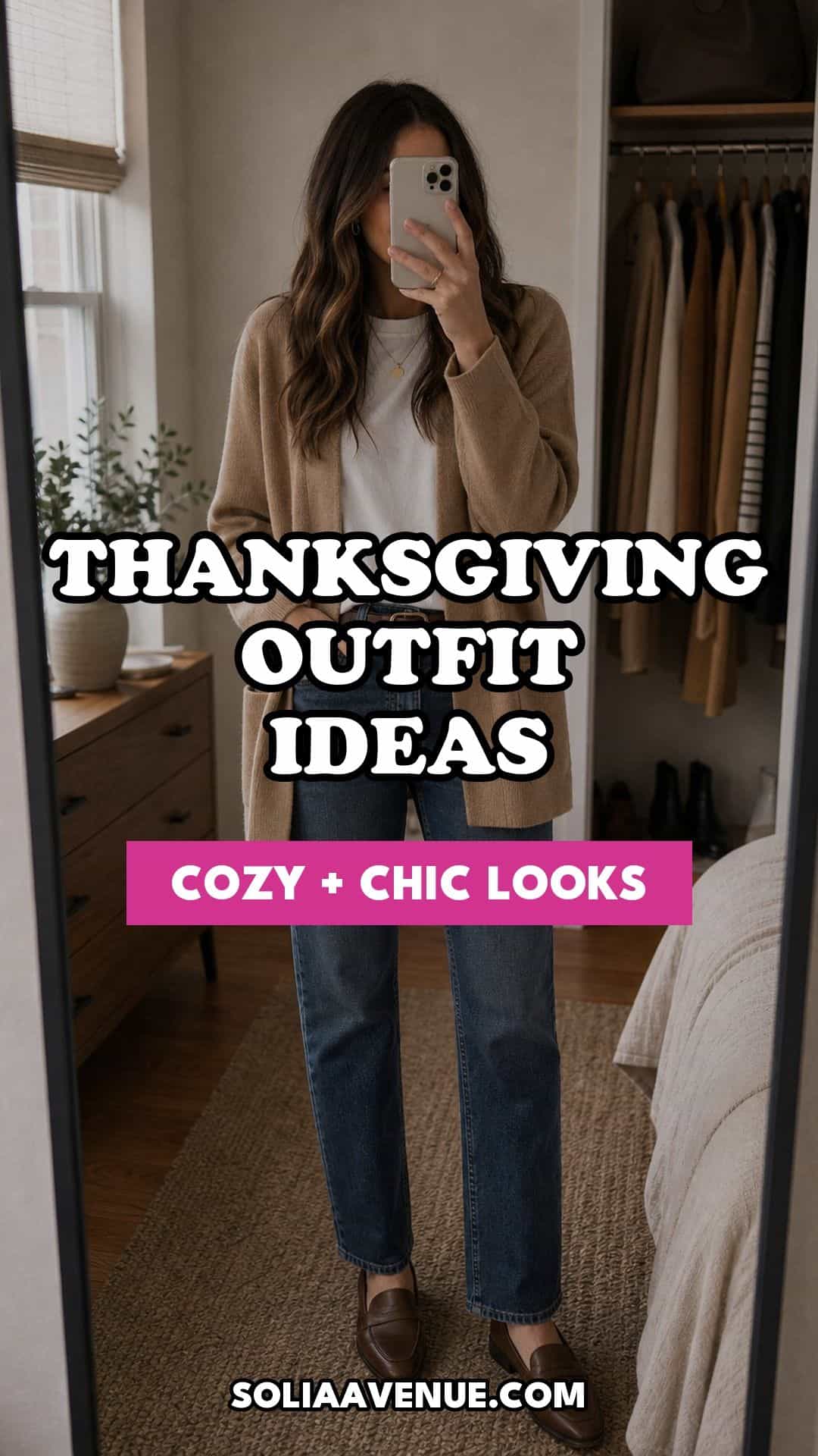Pinterest pin for Top 17 Thanksgiving Outfit Ideas for Women That Mix Cozy and Chic from Solia Avenue.