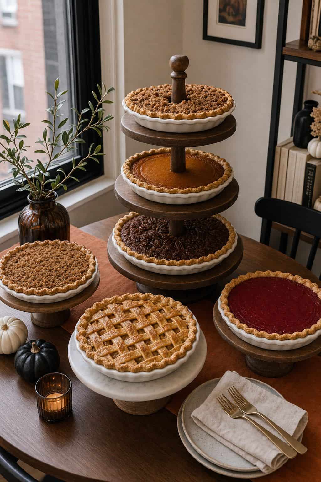 Display on a Tiered Wood Stand or Cake Stands small apartment idea for Top 17 Thanksgiving Pie Ideas for a Beautiful Dessert Table.