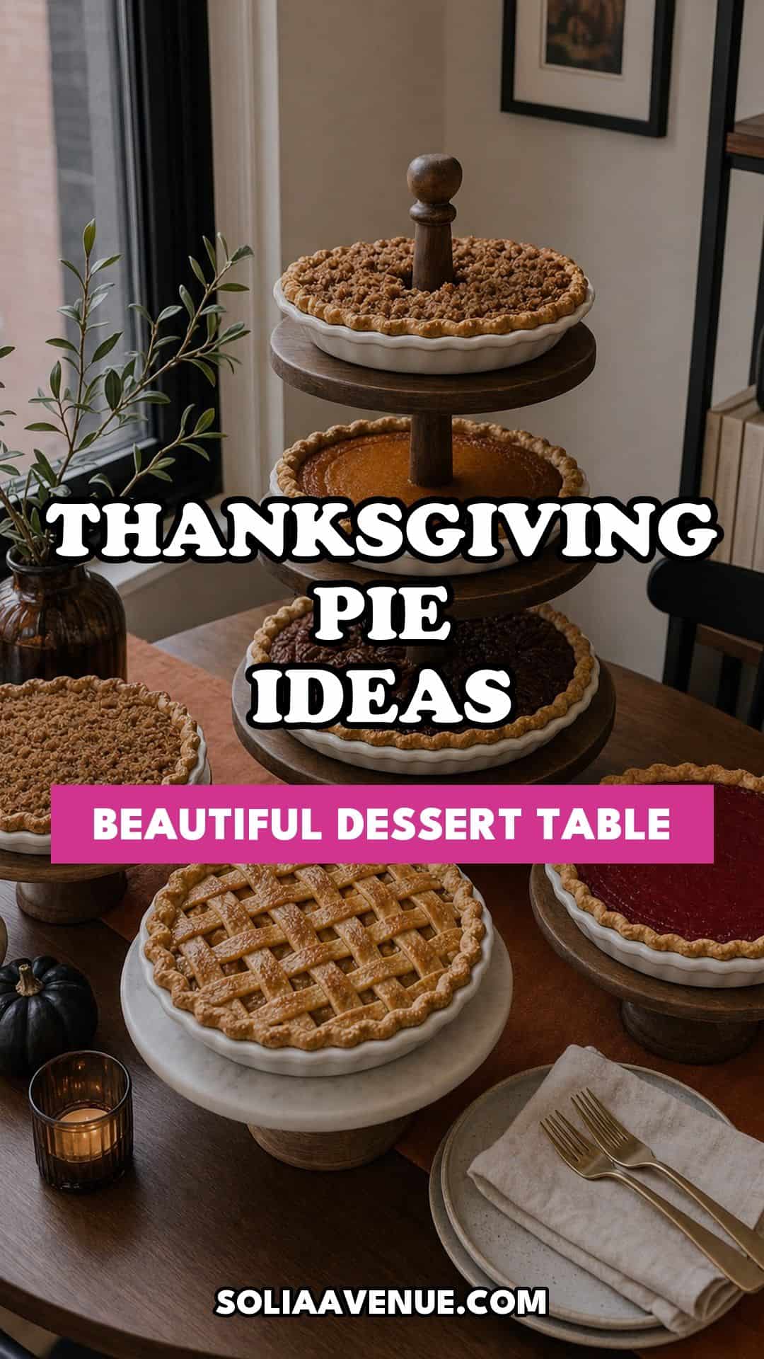 Pinterest pin for Top 17 Thanksgiving Pie Ideas for a Beautiful Dessert Table from Solia Avenue.