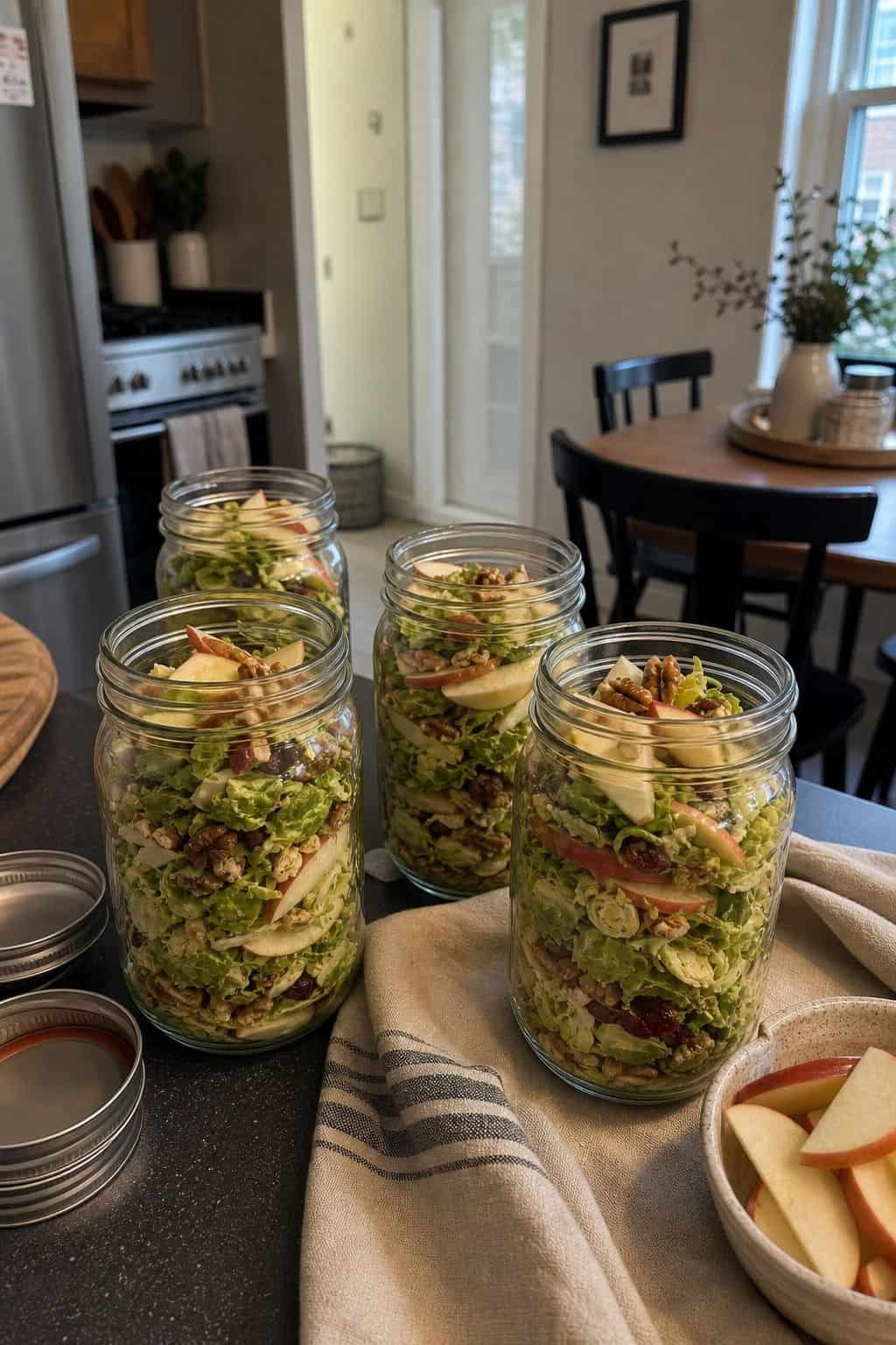 Shaved Brussels and Apple Salad in Mason Jars small apartment idea for Top 17 Thanksgiving Potluck Ideas That Travel Beautifully.