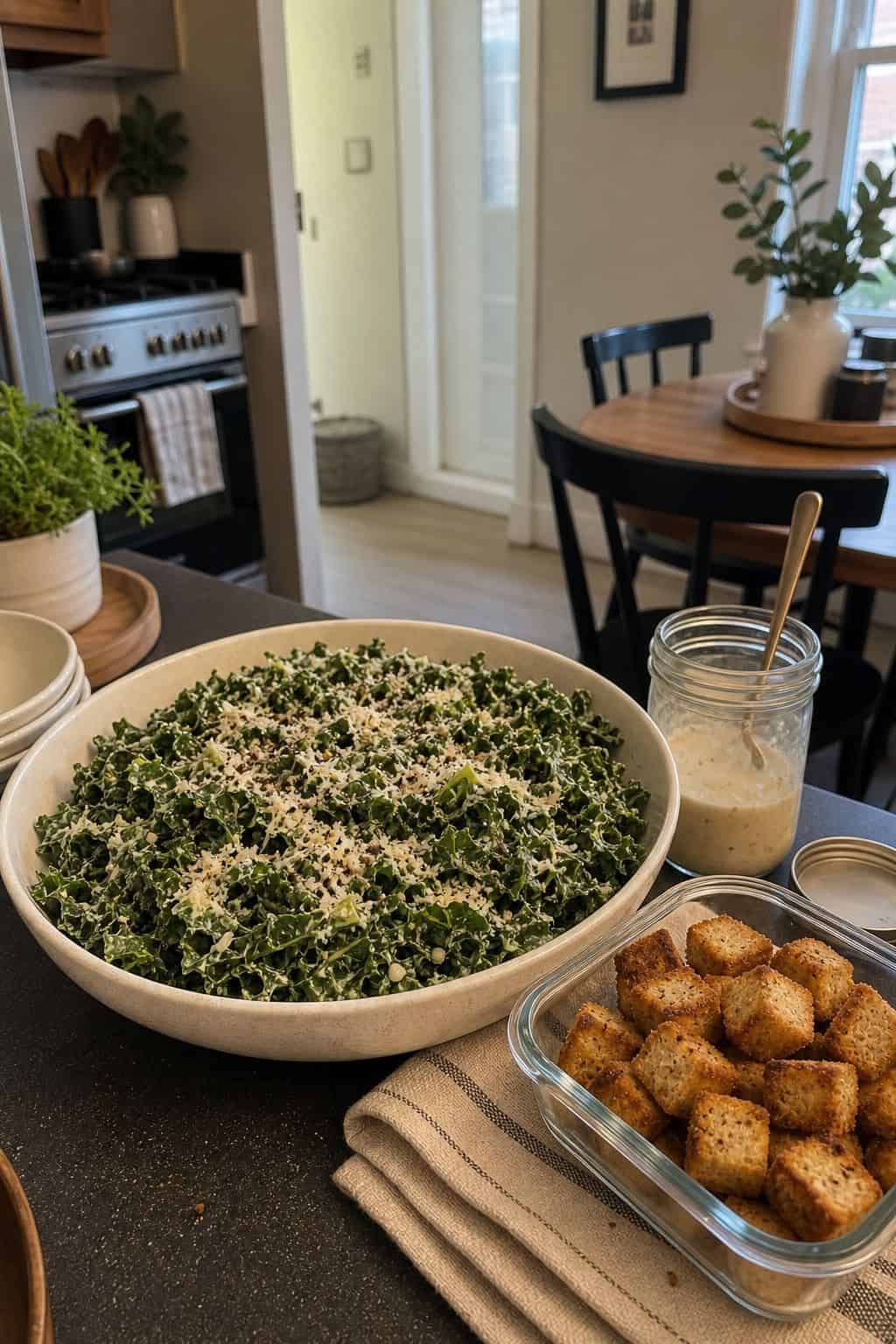 Kale Caesar with Pre-Toasted Croutons small apartment idea for Top 17 Thanksgiving Potluck Ideas That Travel Beautifully.
