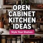 Pinterest collage pin for open cabinet kitchen decor ideas with styled shelves and bold overlay text.