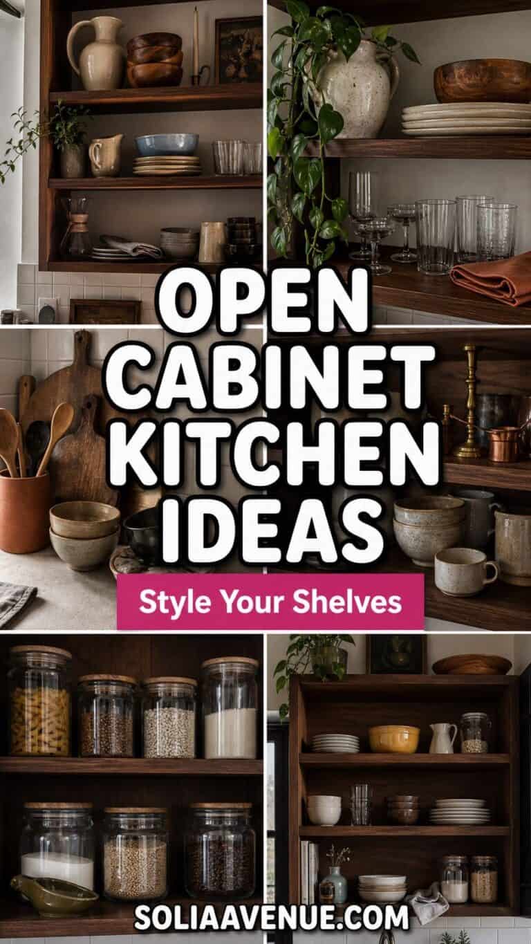 Pinterest collage pin for open cabinet kitchen decor ideas with styled shelves and bold overlay text.