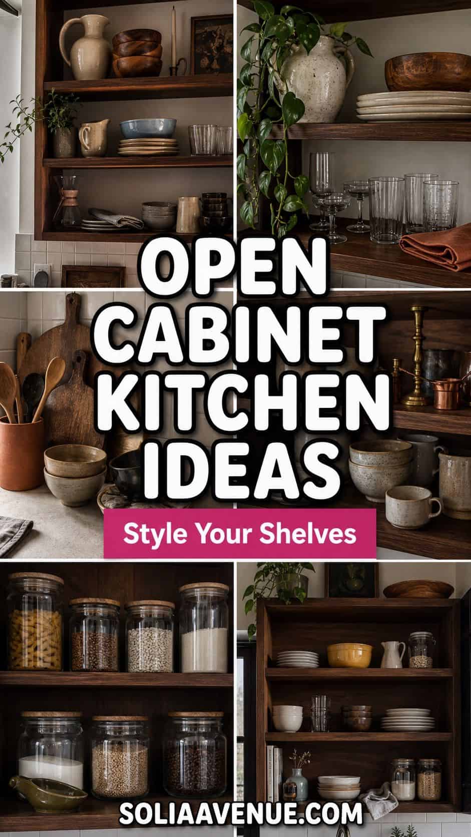 Pinterest collage pin for open cabinet kitchen decor ideas with styled shelves and bold overlay text.