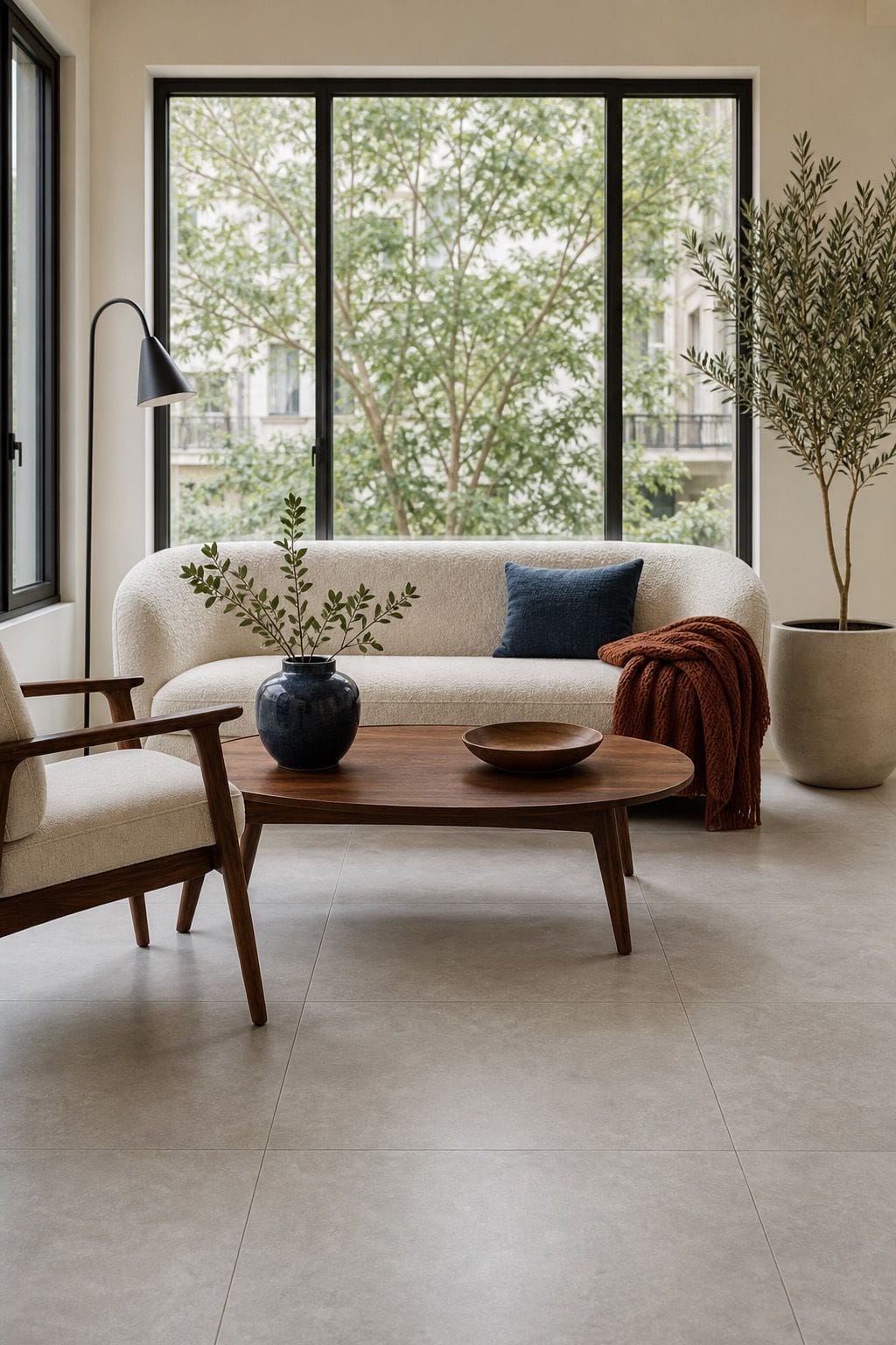 Large-Format Porcelain Tile in Soft Gray sunroom flooring idea with cozy small space styling