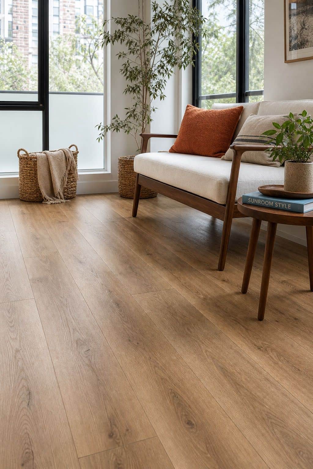 Waterproof Luxury Vinyl Plank for Year-Round Sunrooms sunroom flooring idea with cozy small space styling