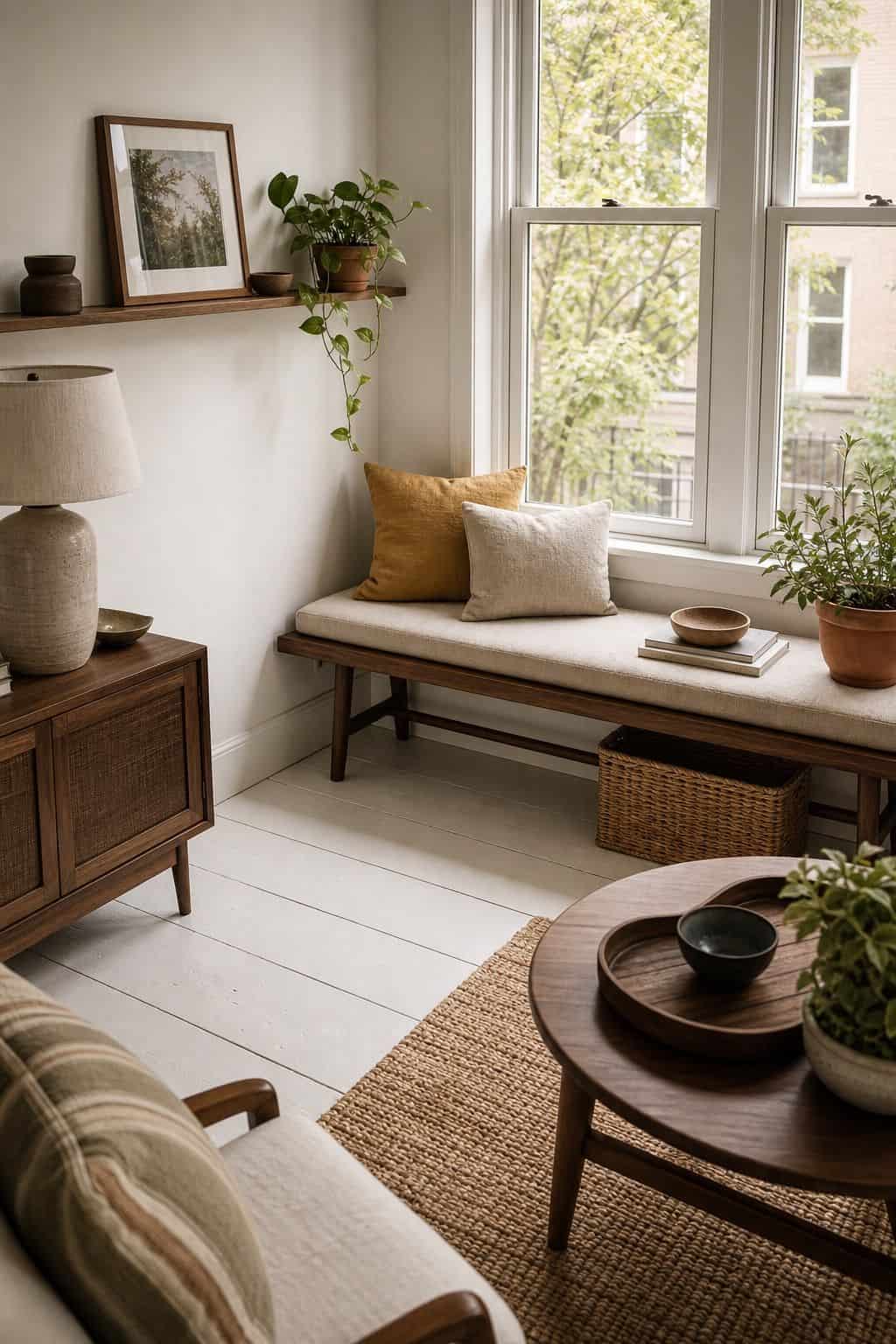 Wide-Plank Painted Wood for Cottage Charm sunroom flooring idea with cozy small space styling