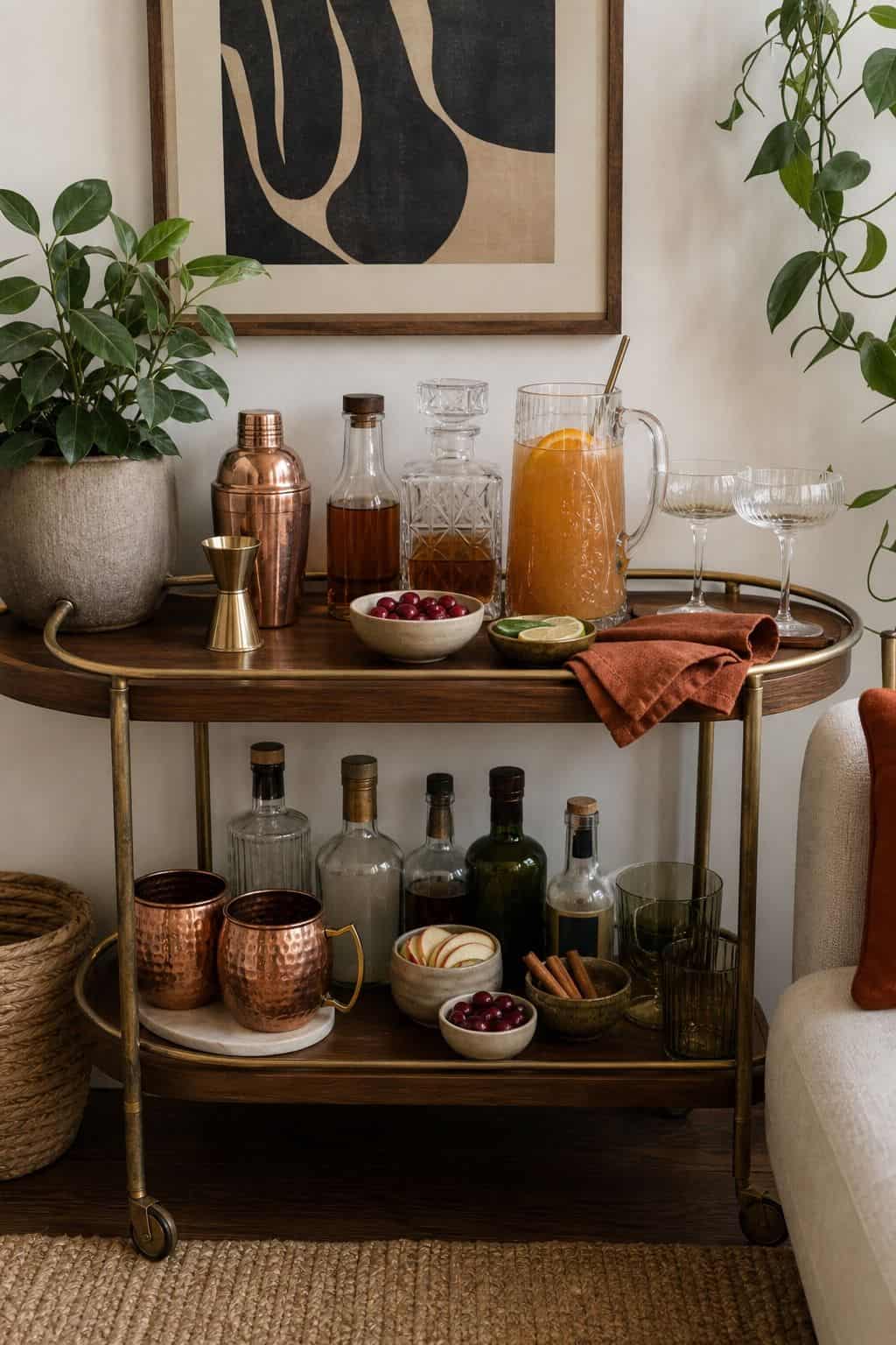 Friendsgiving bar cart setup with cocktails and garnishes