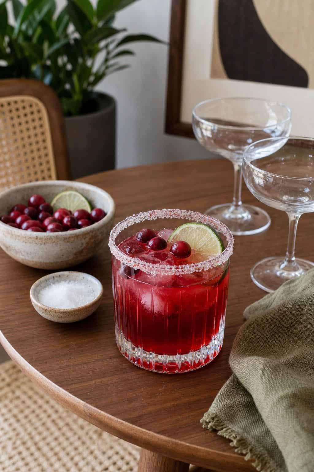 Cranberry margarita with sugared rim for Friendsgiving
