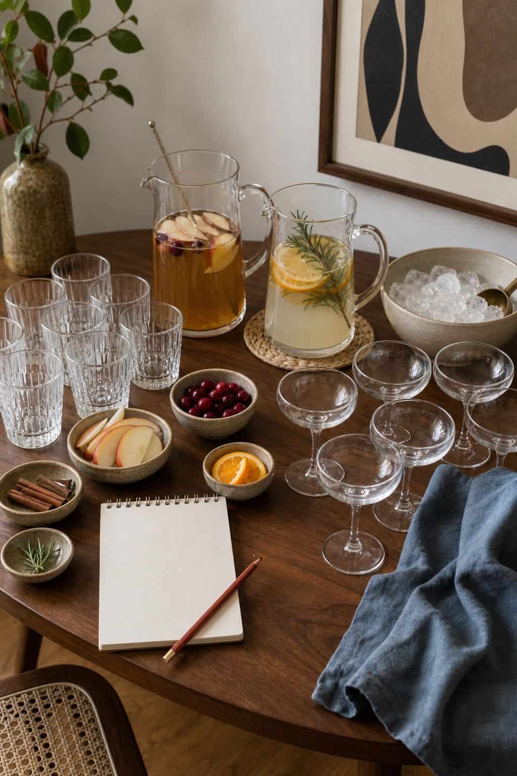 Friendsgiving drink planning setup with pitchers and glassware