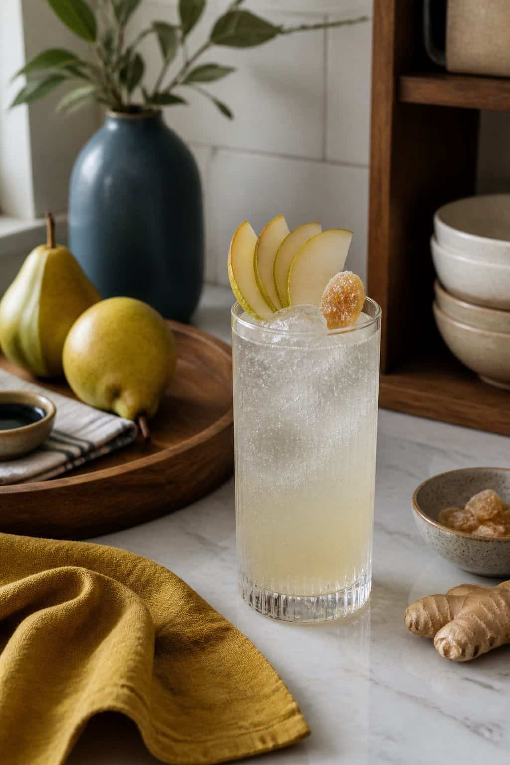 Pear ginger gin fizz cocktail for Friendsgiving