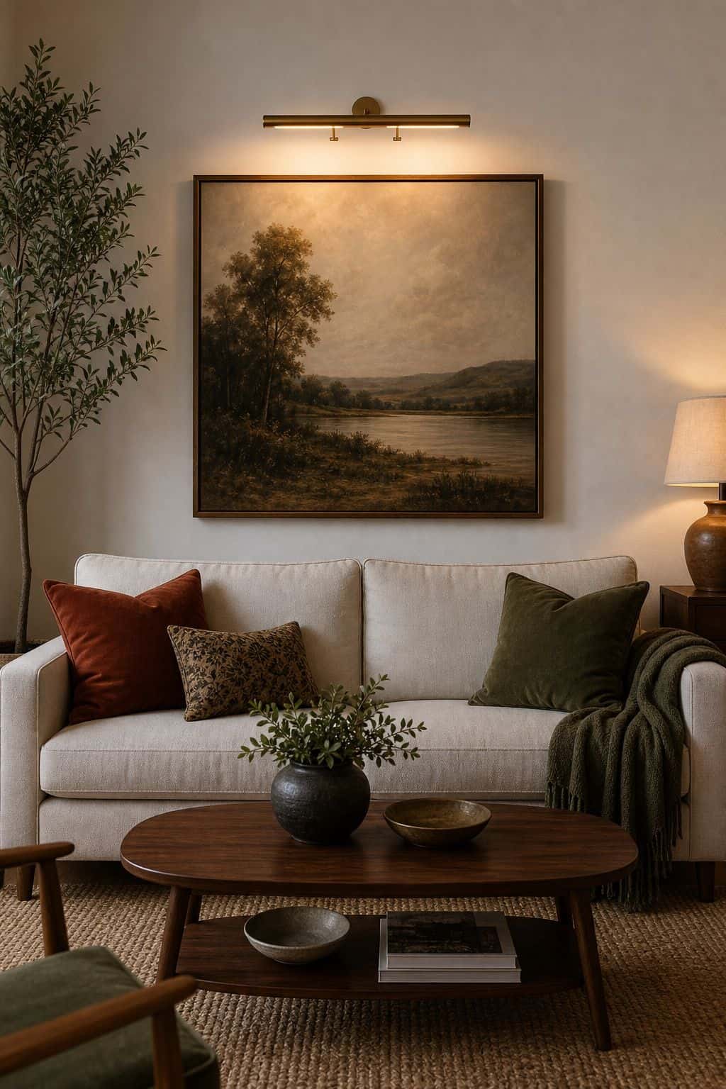 Add a Single Picture Light Above the Main Piece above couch living room wall decor idea