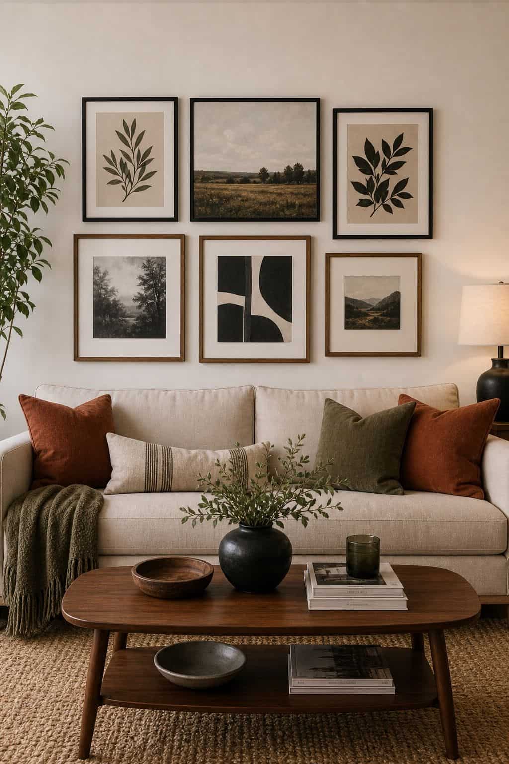 Build a Five-to-Seven Piece Symmetric Gallery above couch living room wall decor idea