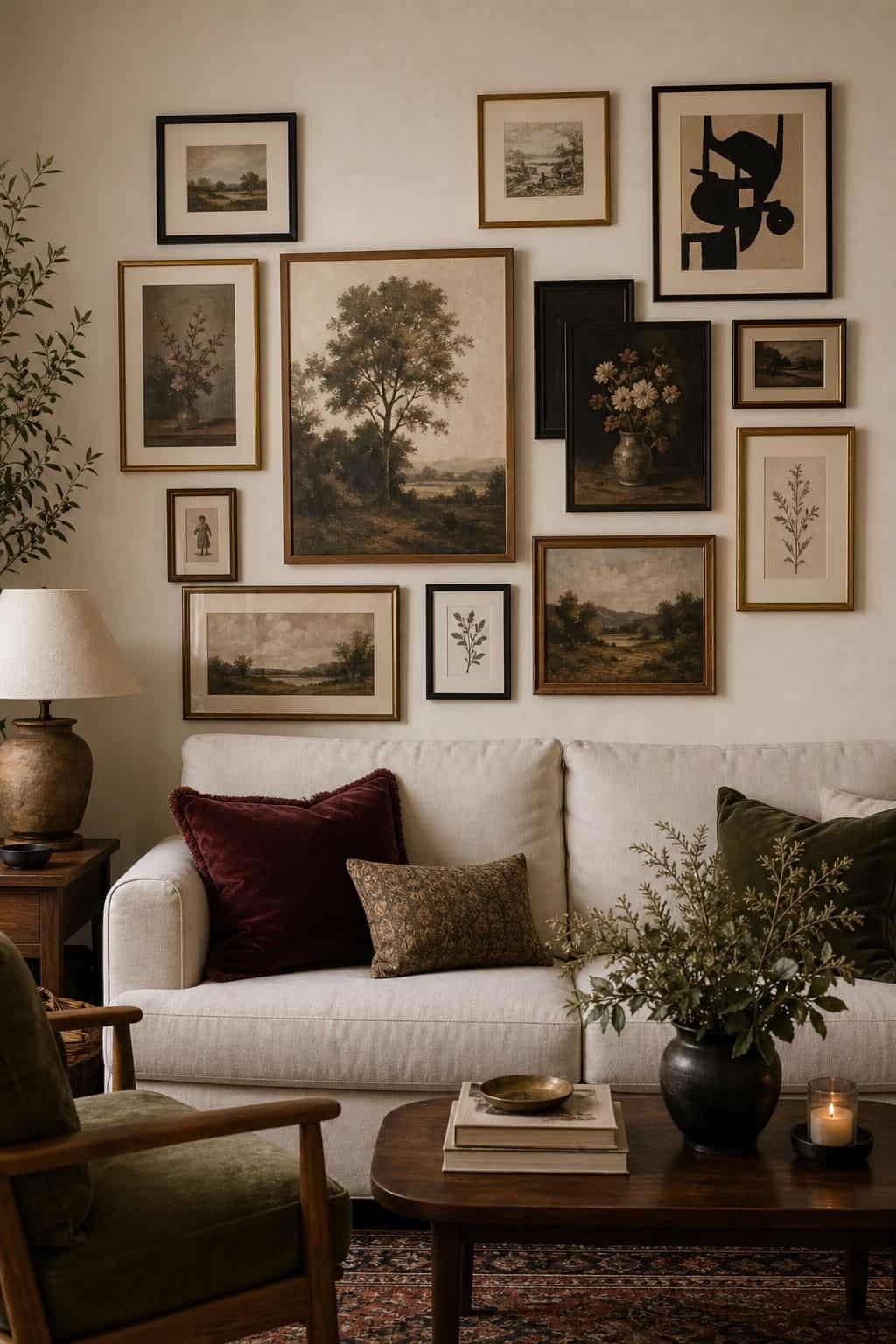 Cluster an Asymmetric Salon-Style Wall above couch living room wall decor idea