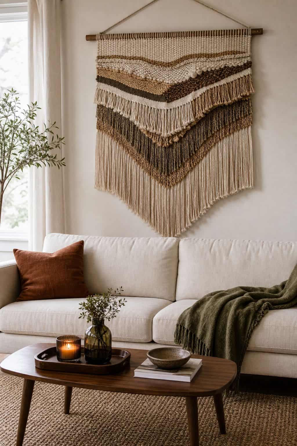 Hang a Large Woven Wall Hanging above couch living room wall decor idea