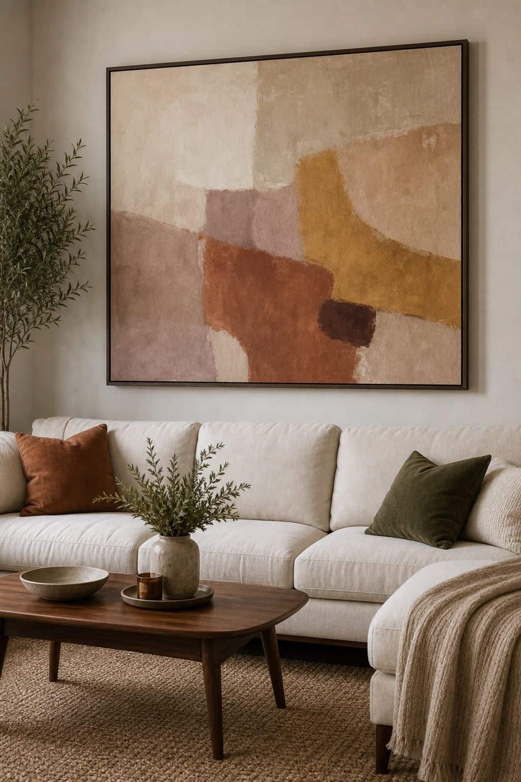 Hang One Oversized Abstract Canvas above couch living room wall decor idea