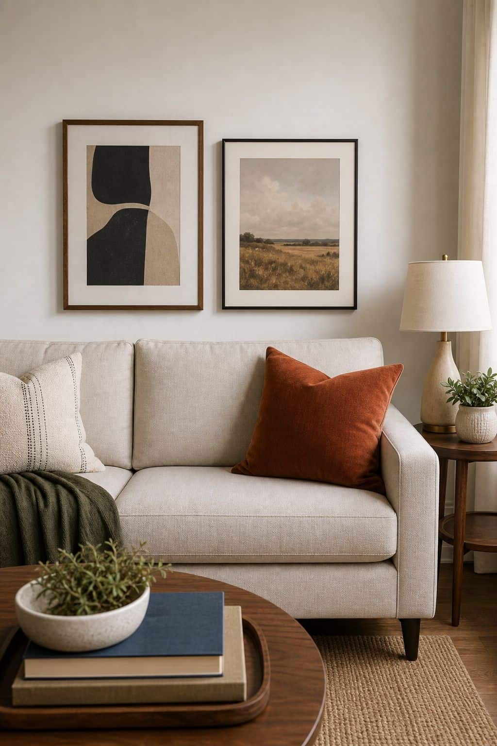 Hang the Bottom Edge 6 to 10 Inches Above the Sofa Back above couch living room wall decor idea
