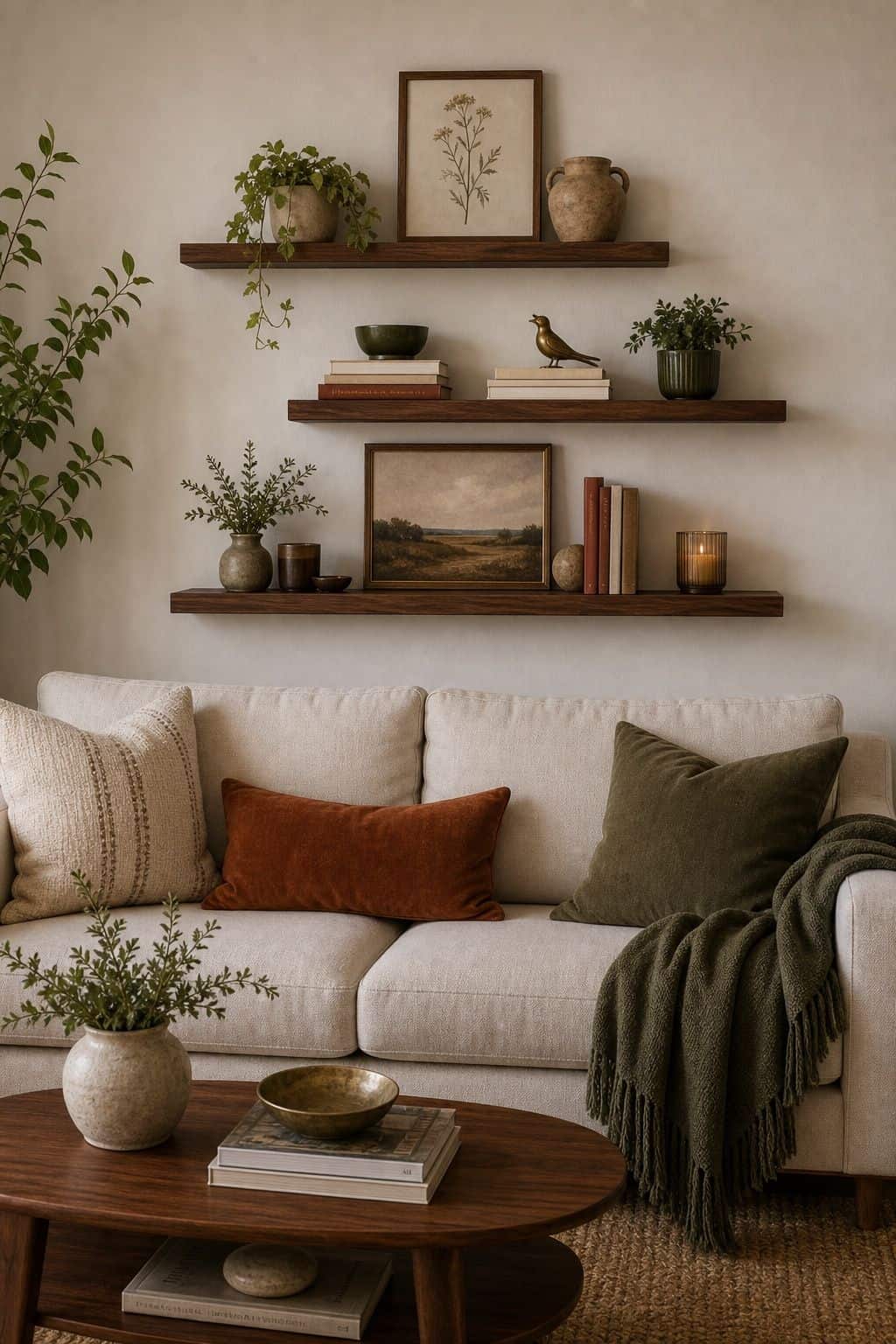 Install Floating Wood Shelves above couch living room wall decor idea