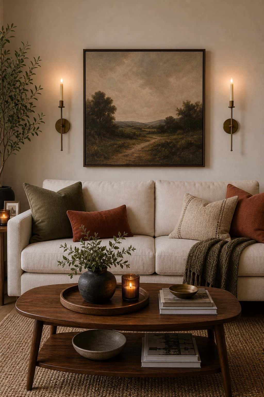 Install Two Candle Sconces on Either Side of Art above couch living room wall decor idea