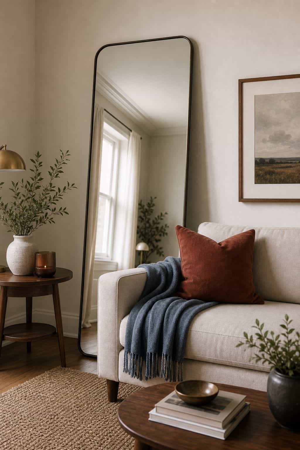Lean a Large Mirror Against the Wall above couch living room wall decor idea