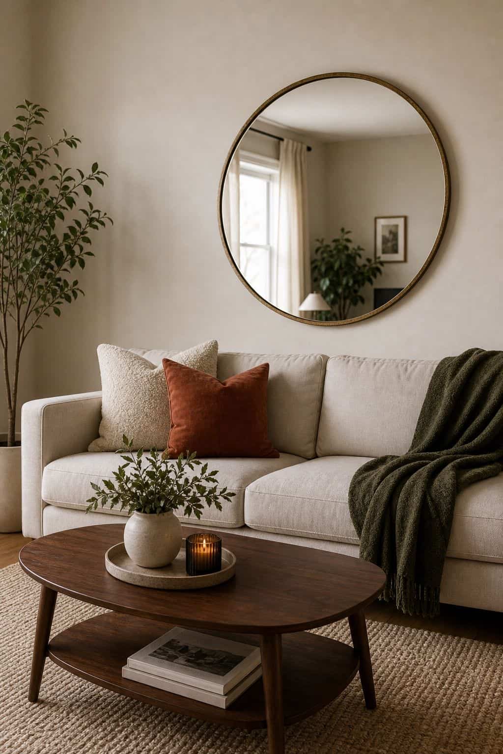 Mount a Single Round or Oval Mirror above couch living room wall decor idea