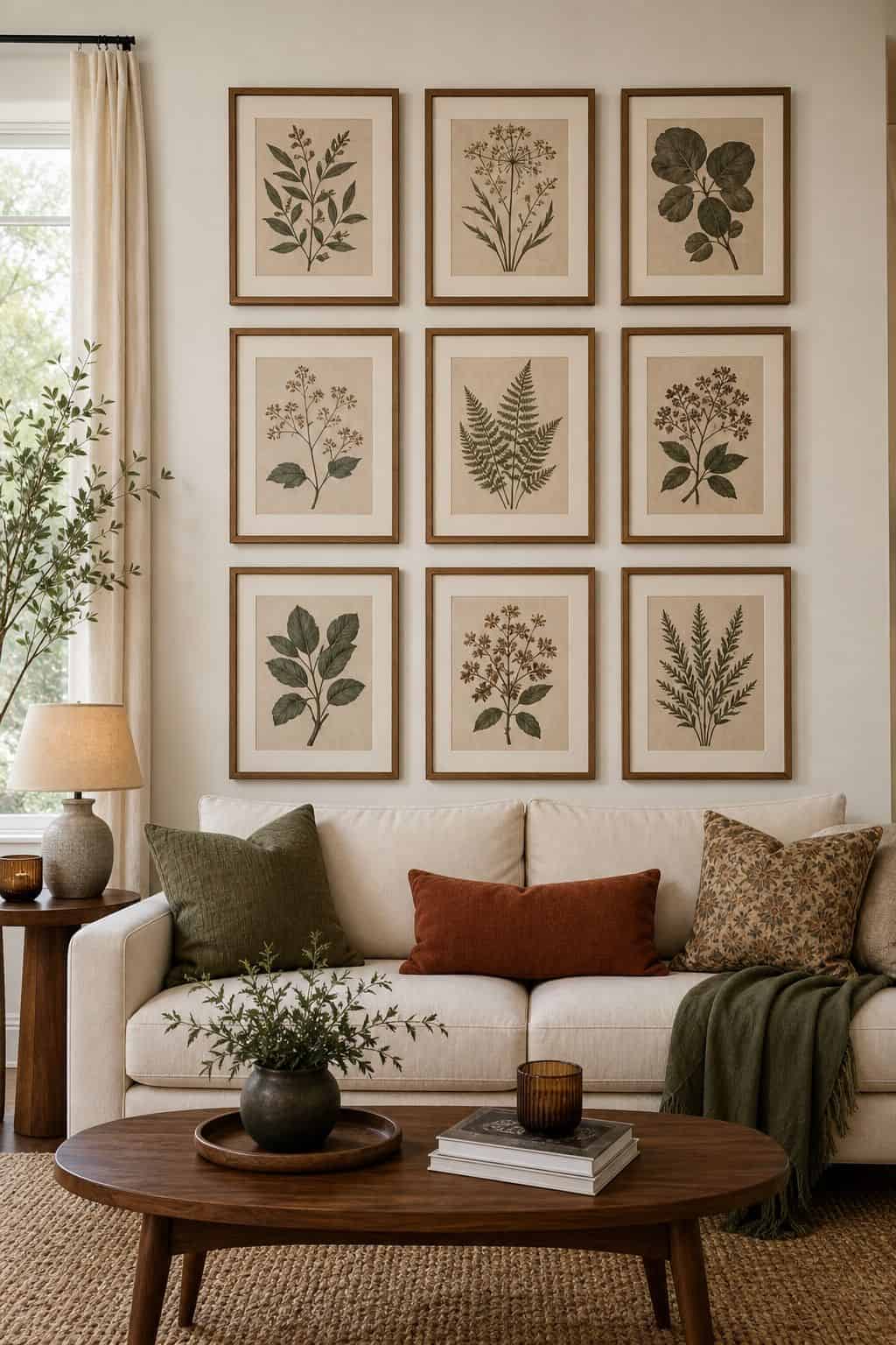 Use a Grid of Identical Botanical Prints above couch living room wall decor idea