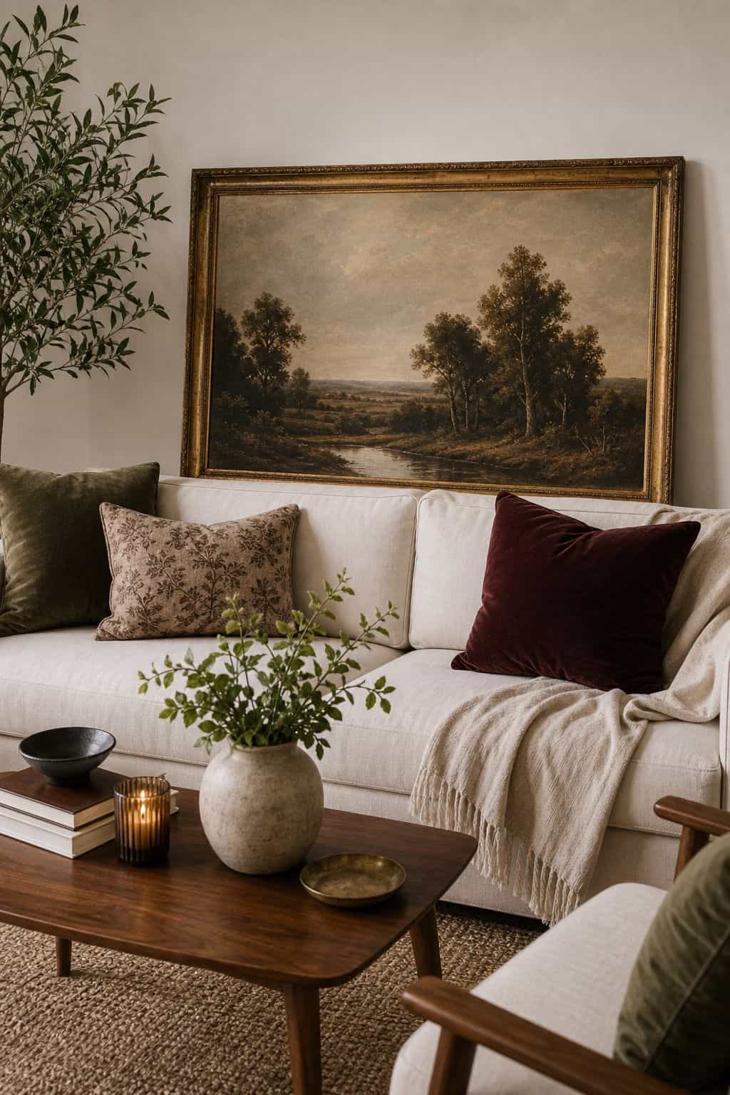 Use One Large Vintage or scene Oil above couch living room wall decor idea