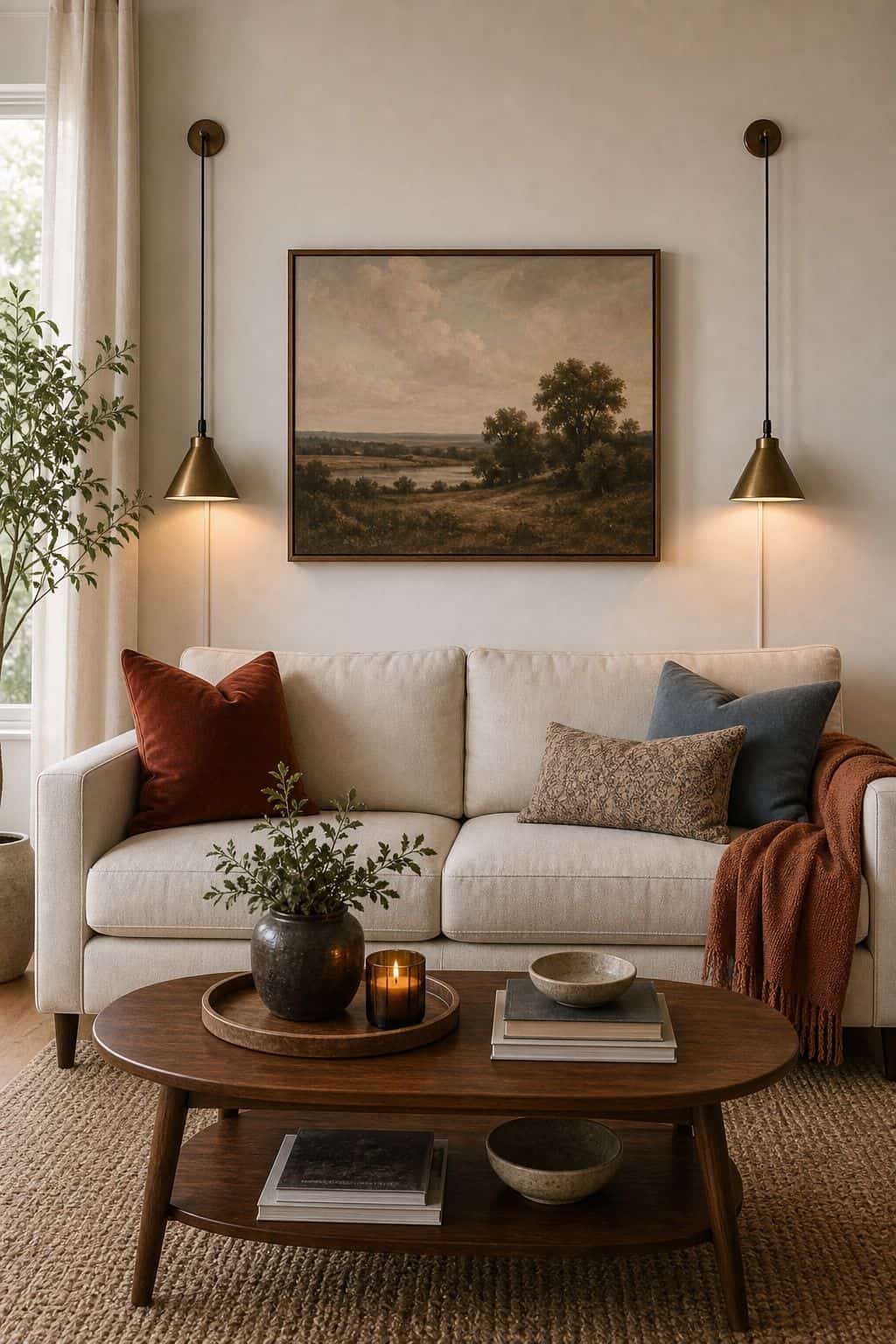 Use Plug-In Pendant Lights for Renters above couch living room wall decor idea