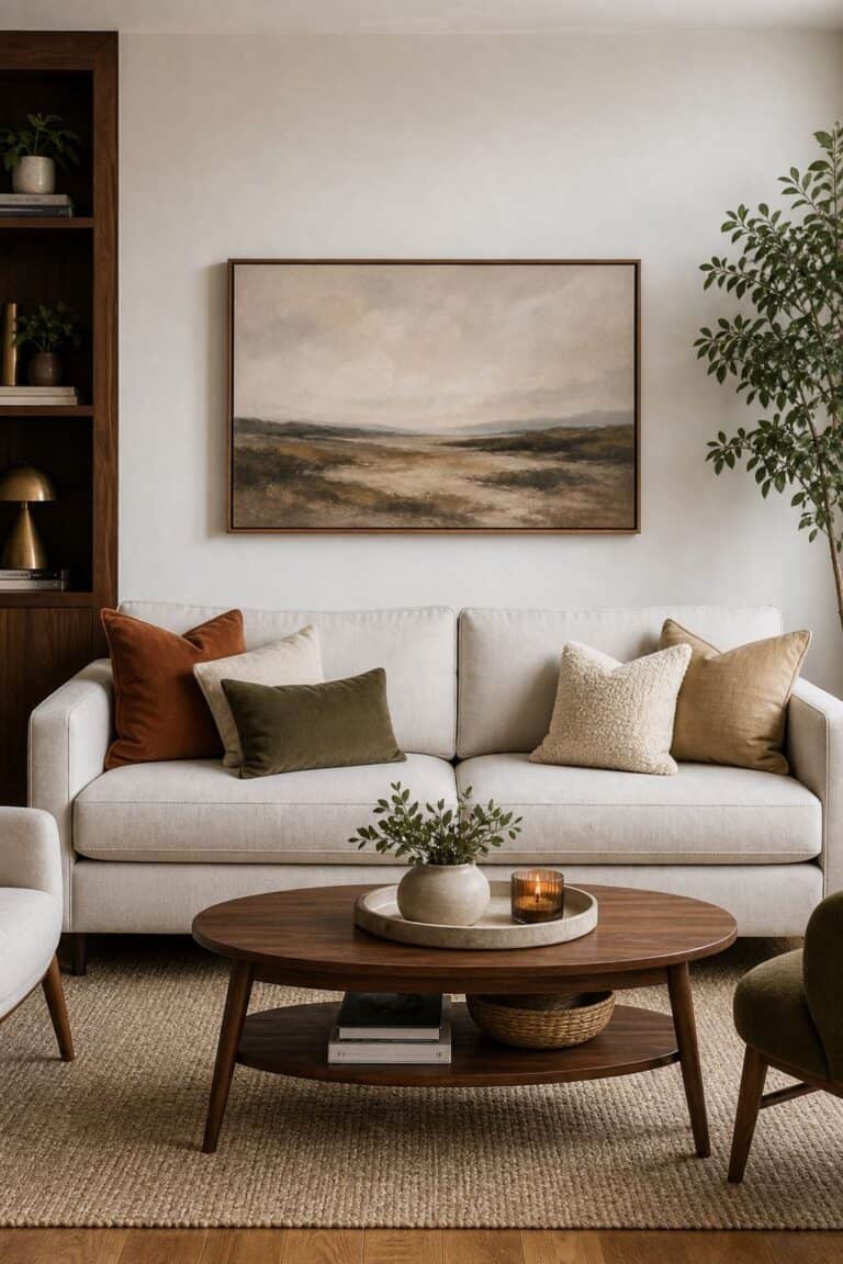 Use the Two-Thirds Rule for Width above couch living room wall decor idea