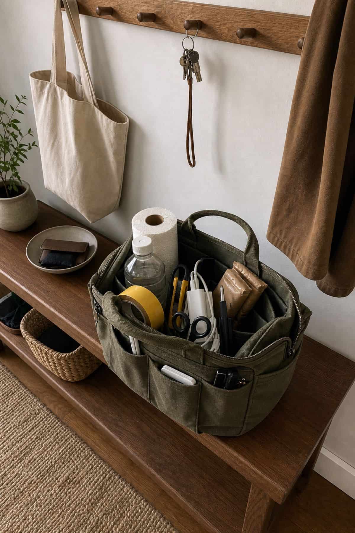 Move day essentials and tools bag by the door