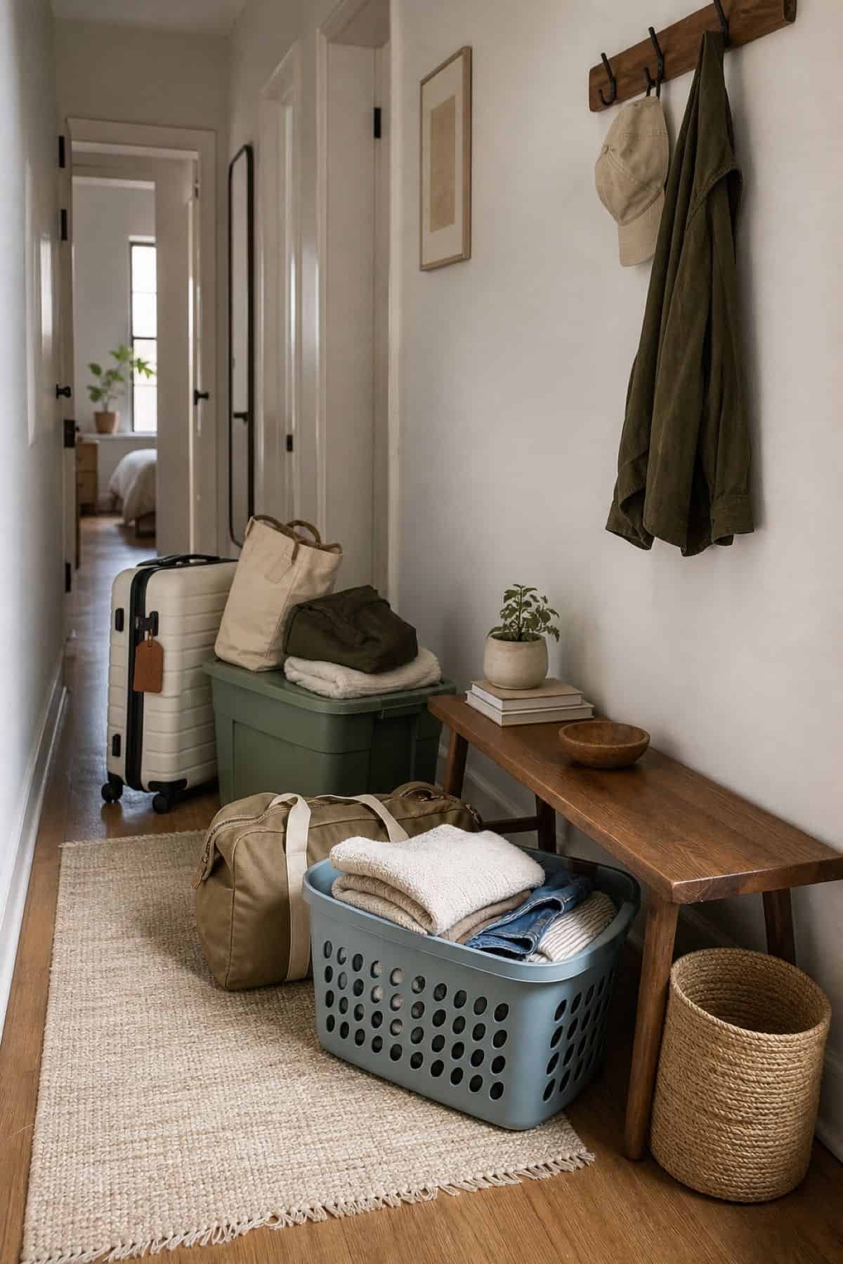 Suitcases bins and baskets used as moving containers