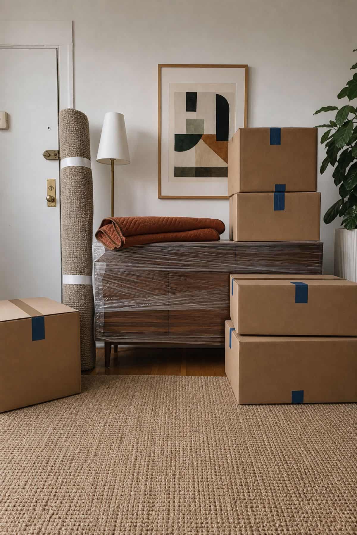 Heavy furniture and large boxes staged first for truck loading