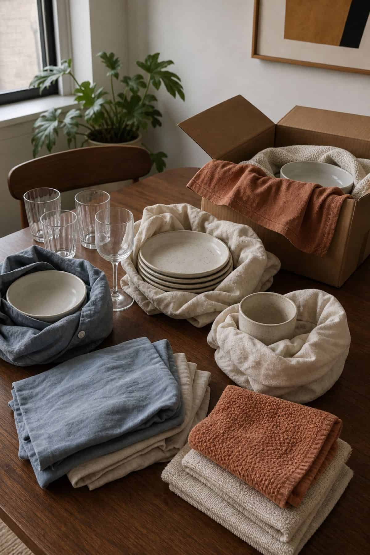 Packing fragile items with towels and soft clothes