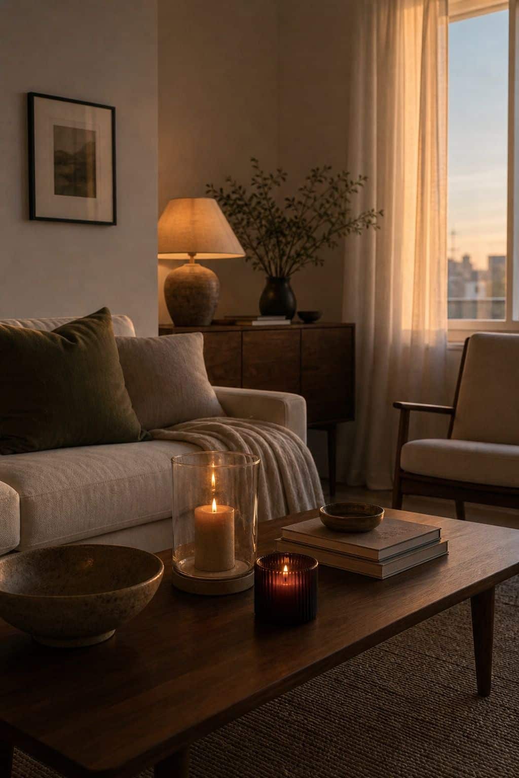 Late afternoon living room with glass hurricane candles, walnut sideboard, cream sofa, burgundy candle holder, and olive cushion