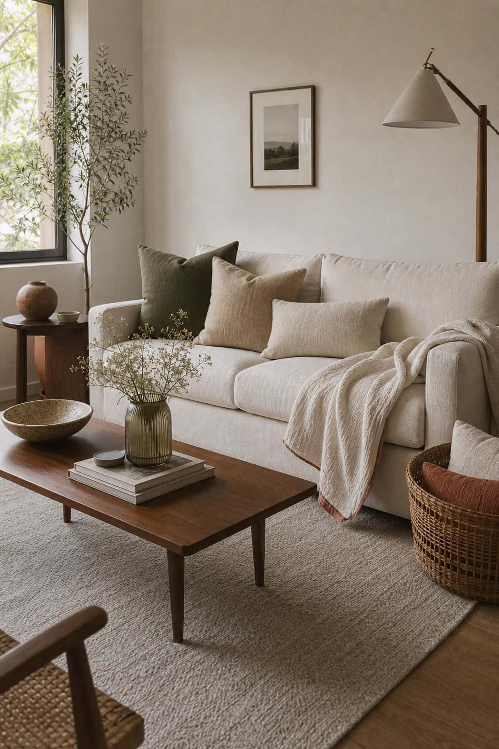 Cream sofa with gauze throw, olive pillow, walnut coffee table, pale rug, and muted rust throw edge