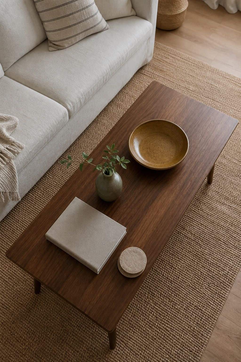 Clean walnut coffee table with mustard ceramic bowl, small vase, closed book, linen coasters, and cream sofa