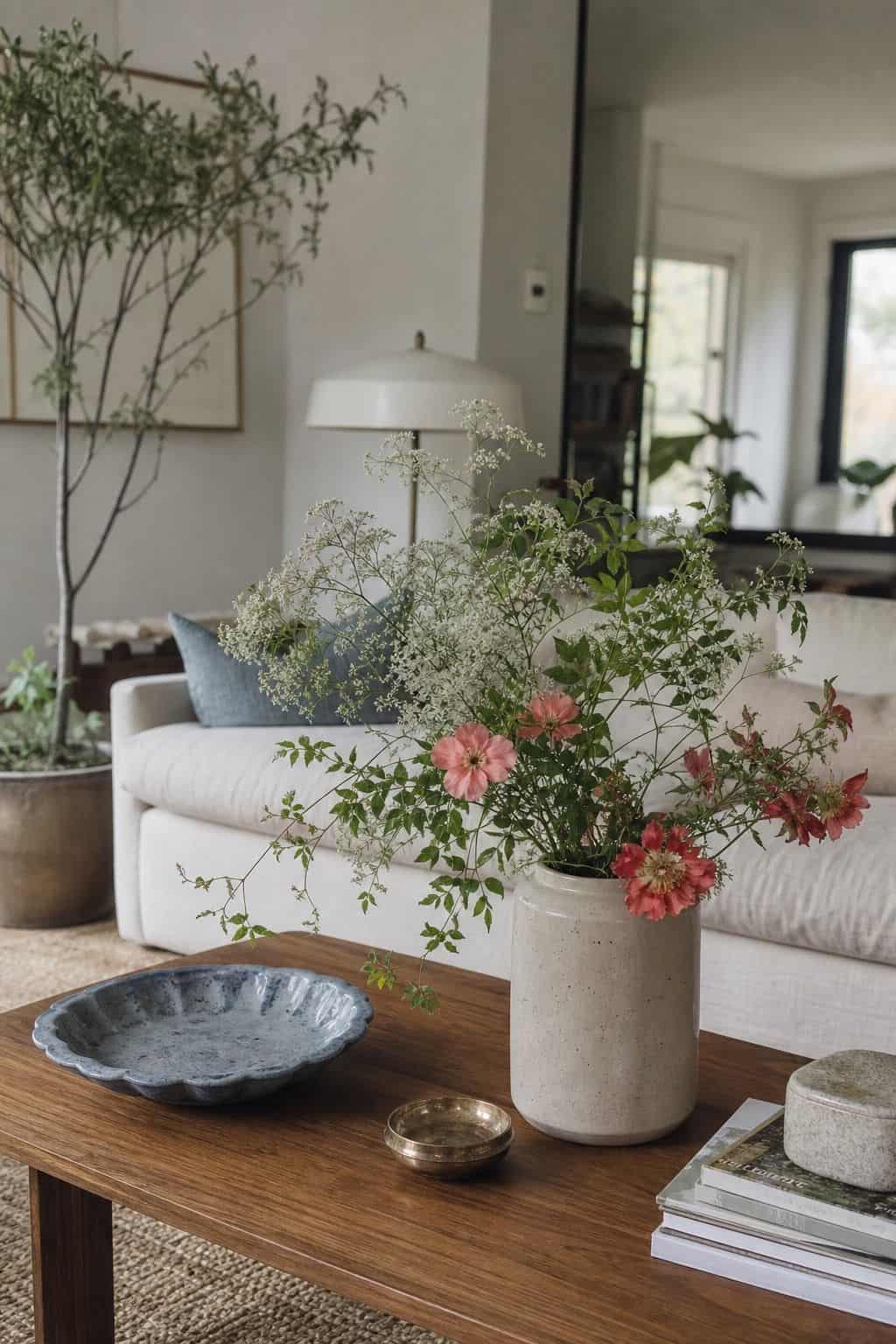 Walnut coffee table with stoneware vase of fresh stems, coral flowers, dusty blue dish, cream sofa, and jute rug