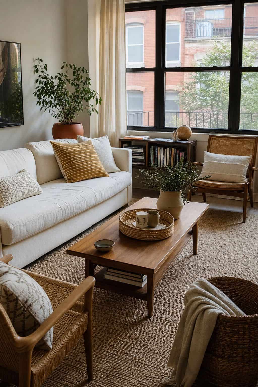 Small apartment living room with jute rug, rattan chair, woven basket, walnut coffee table, and terracotta planter