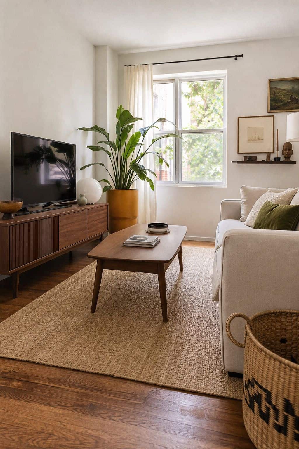 Small apartment living room with light jute rug, cream sofa, walnut coffee table, olive cushion, and ochre planter