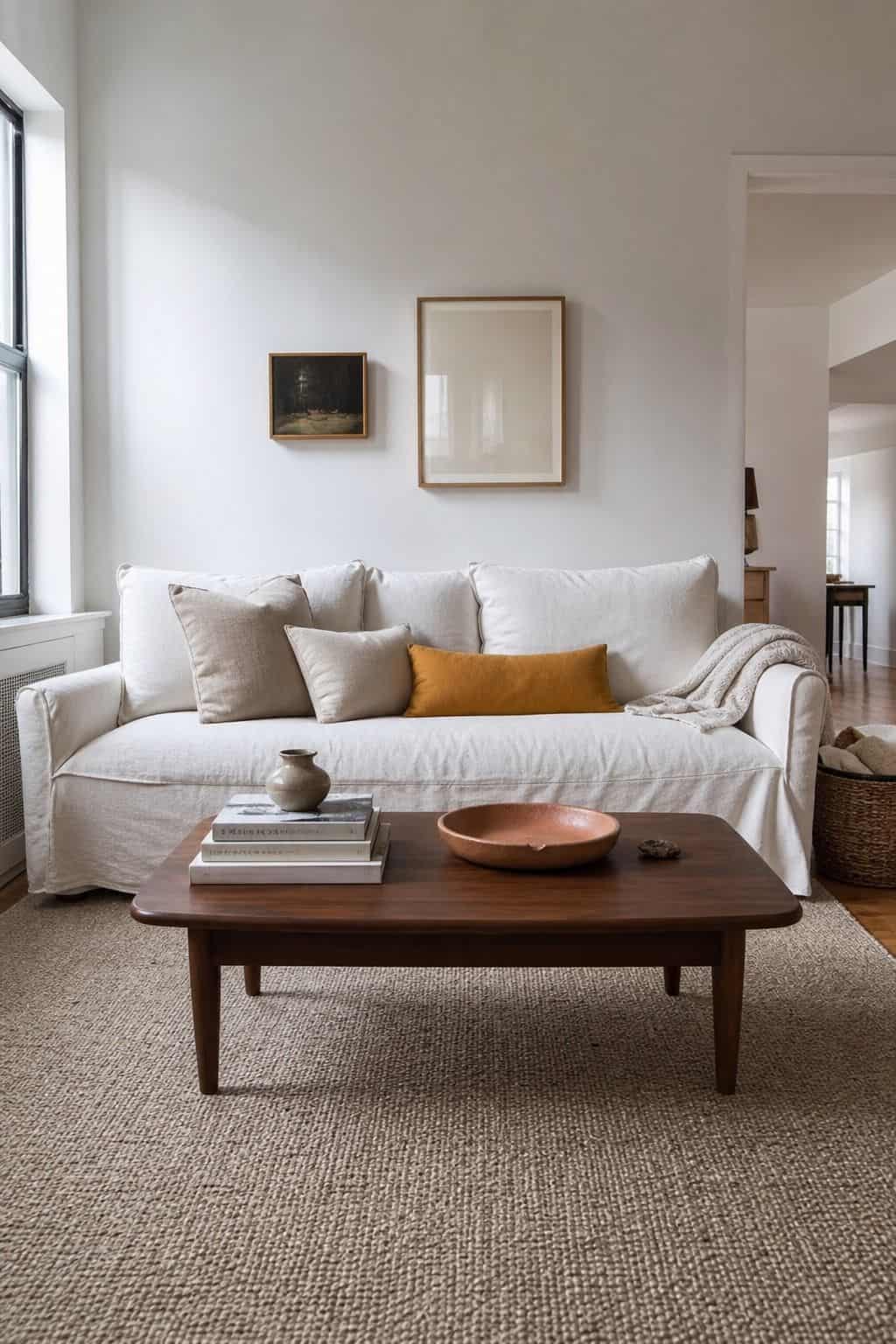 Relaxed pale slipcovered sofa with walnut coffee table, mustard pillow, terracotta tray, and woven basket