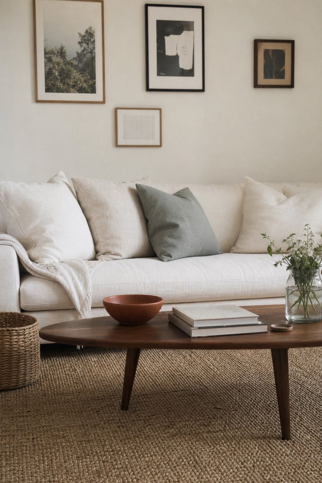 Cream sofa with light linen pillow covers, walnut coffee table, sage pillow, rust bowl, and woven basket