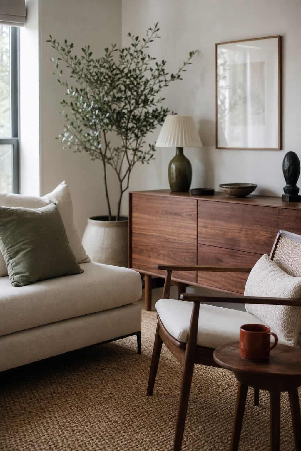 Small apartment living room with muted sage pillow, walnut sideboard, leafy planter, and rust ceramic cup