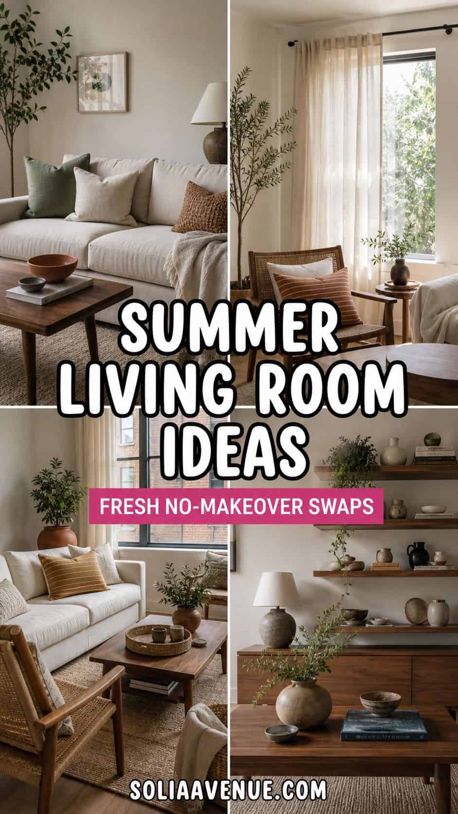 A vertical Pinterest collage with summer living room ideas, linen pillows, sheer curtains, jute texture, greenery, walnut decor, and bold white text