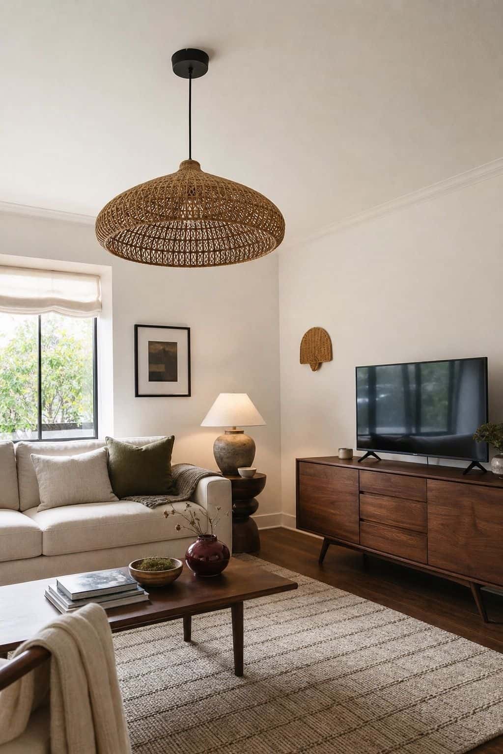 Living room seating area with woven pendant light, walnut media console, olive pillow, and burgundy vase