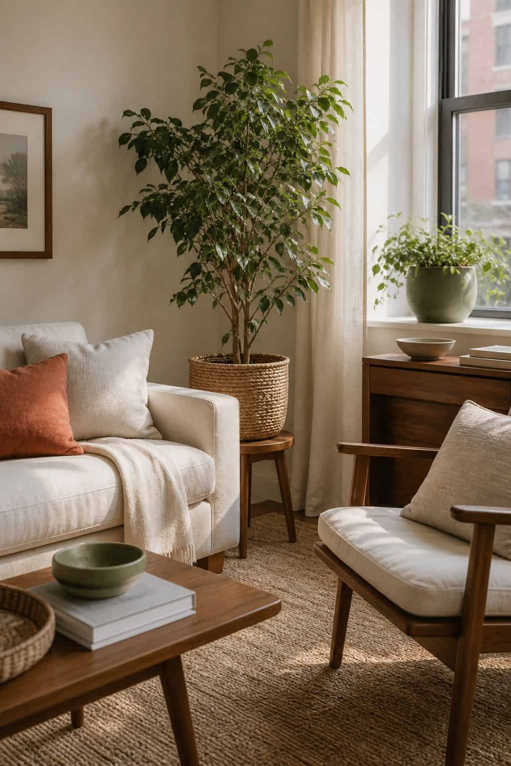 Cream apartment living room with leafy greenery, walnut plant stand, woven planter, rust pillow, and jute rug
