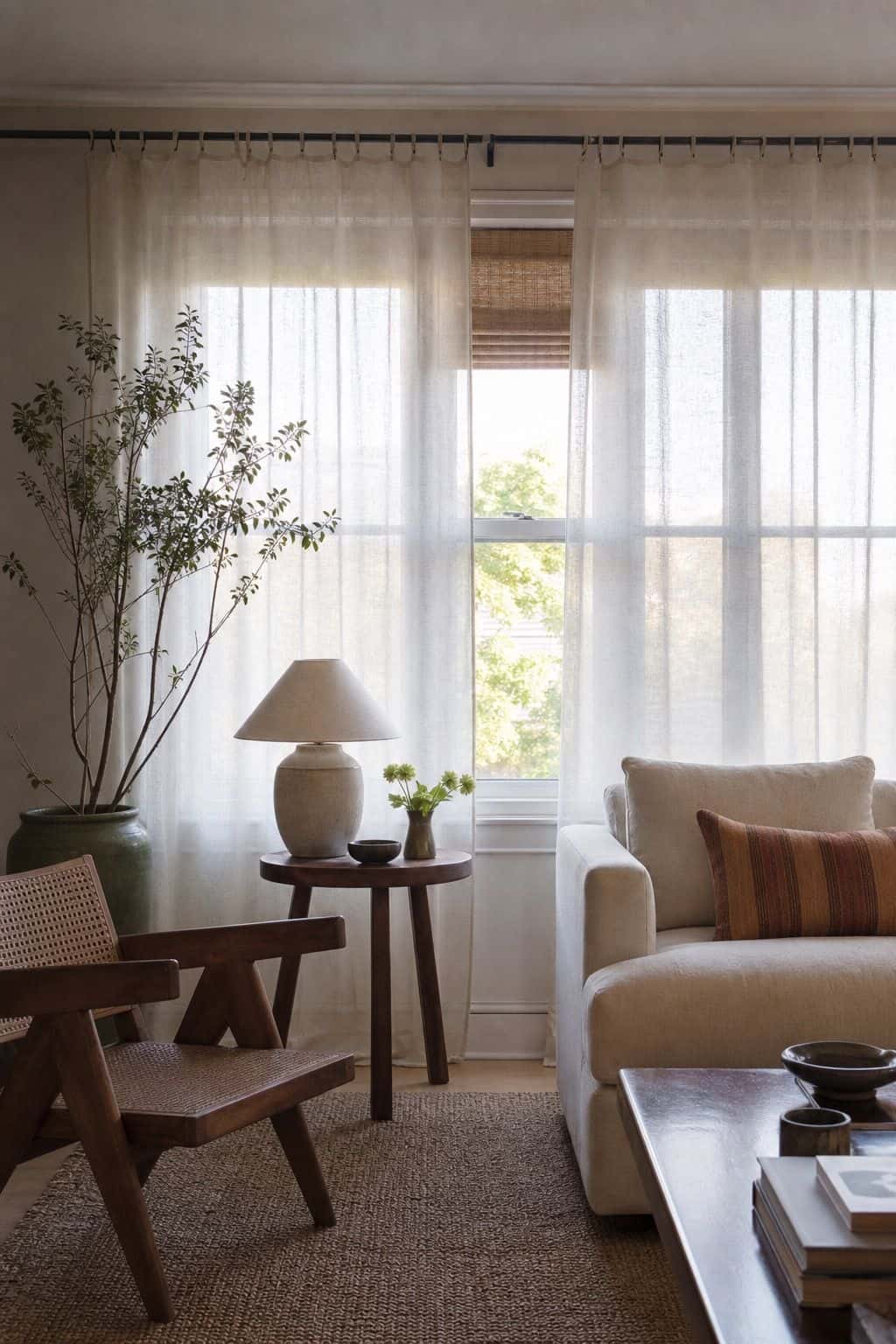 Bright apartment living room window with sheer curtains, walnut chair, green planter, and rust pillow