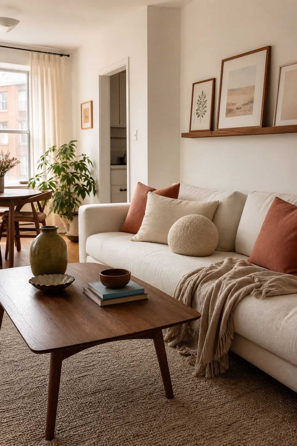 Warm neutral living room with clay pillows, sand throw, walnut coffee table, olive vase, and dusty blue books