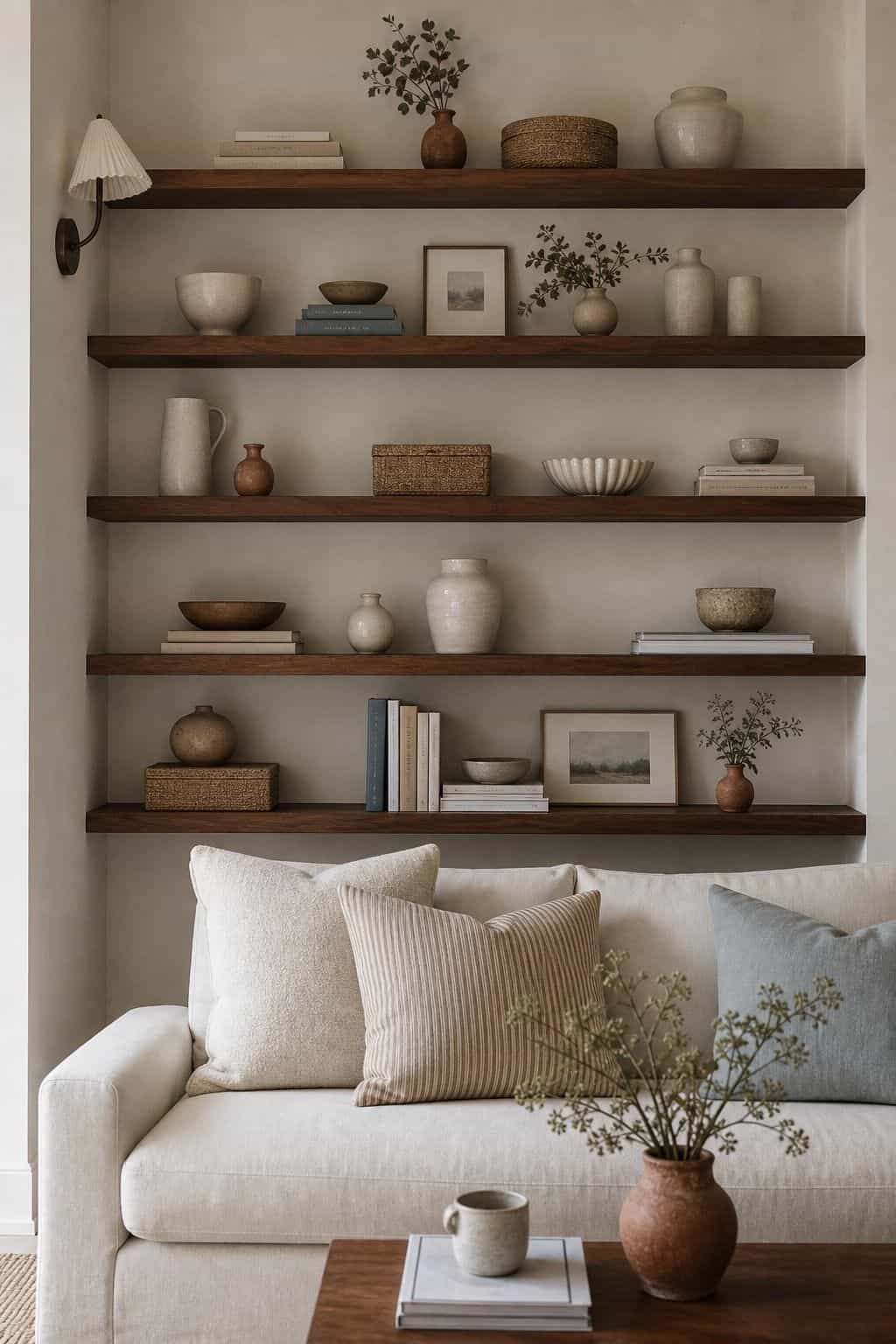 Walnut wall shelves styled with cream ceramics, woven boxes, airy stems, dusty blue books, and terracotta vase